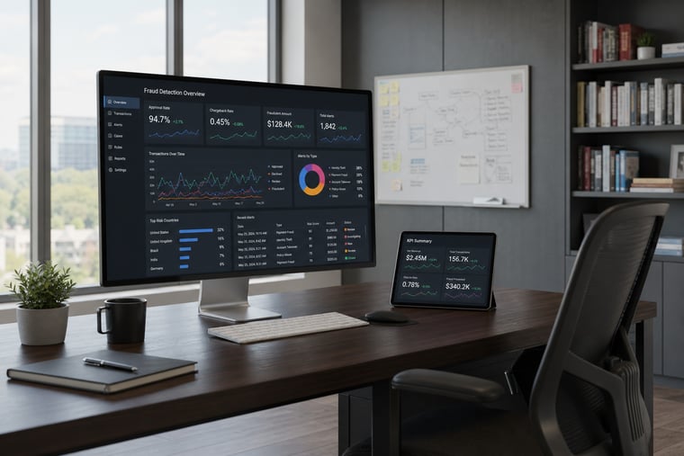 Modern office workspace where a team reviews fraud detection dashboards on screens